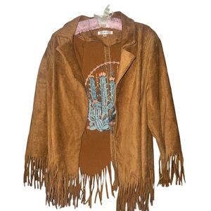 Andrée by Unit Southwestern Cactus Embroidered Suede Fringe Jacket.